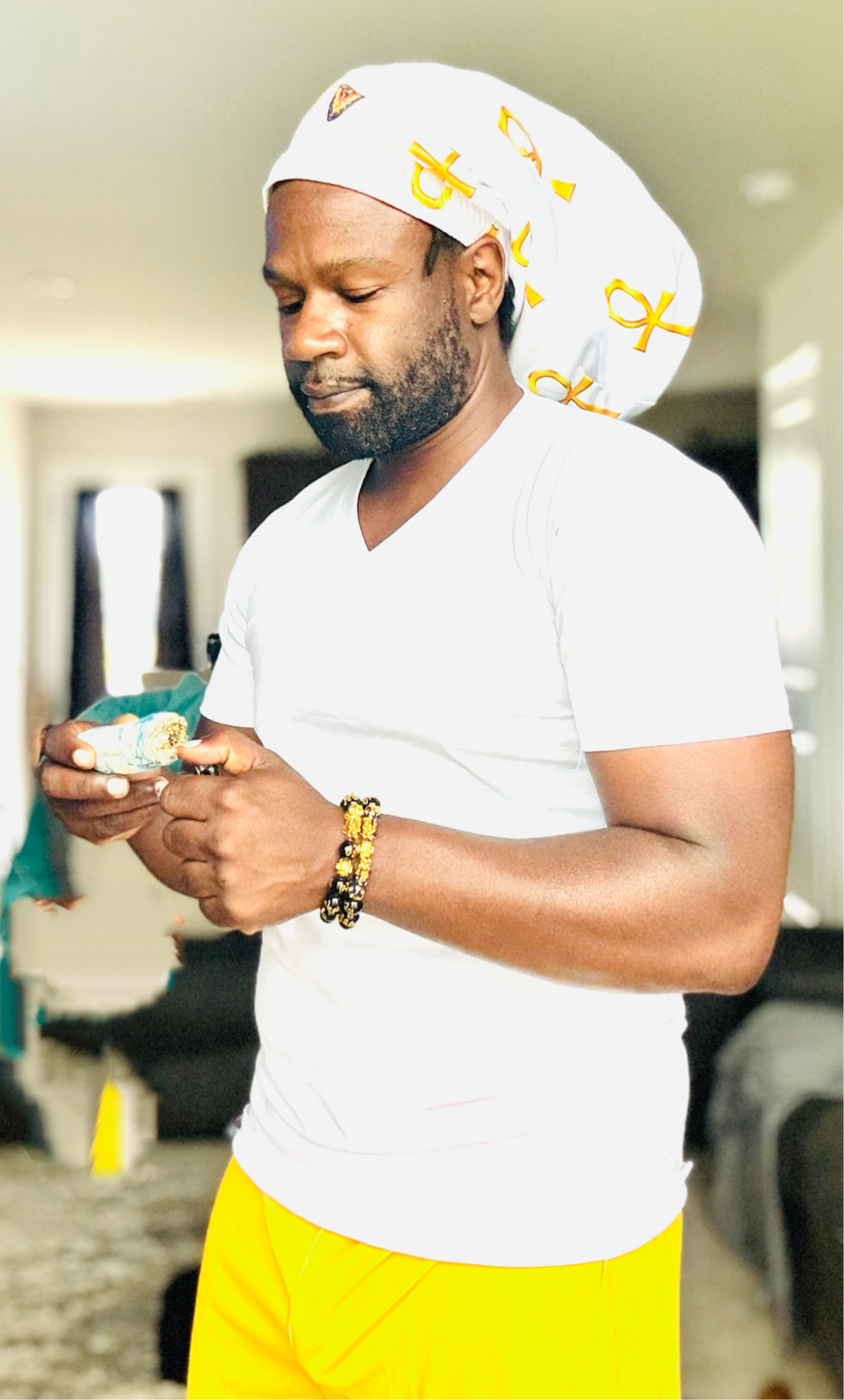 White & Gold Ankh Loc Cap