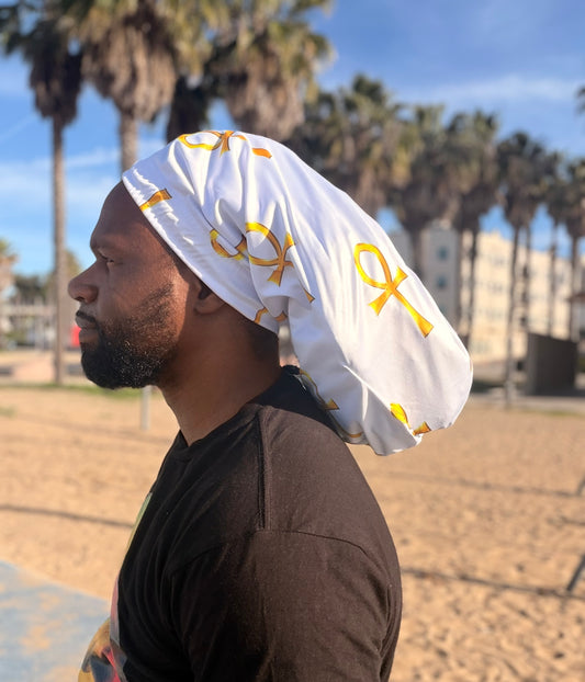 White & Gold Ankh Loc Cap