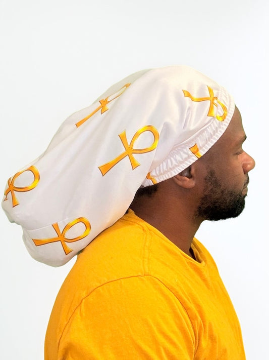 White & Gold Ankh Loc Cap