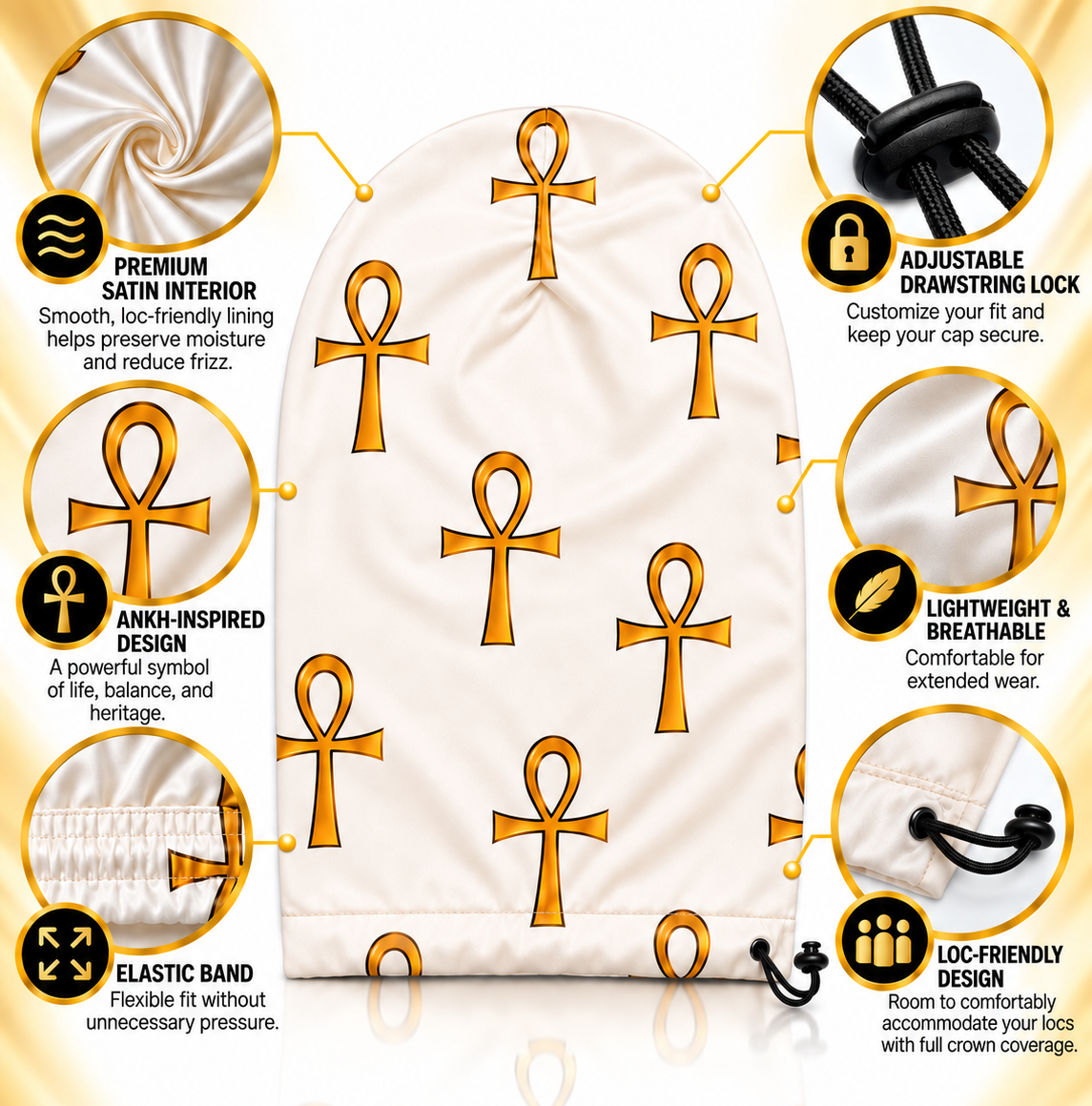 White & Gold Ankh Loc Cap