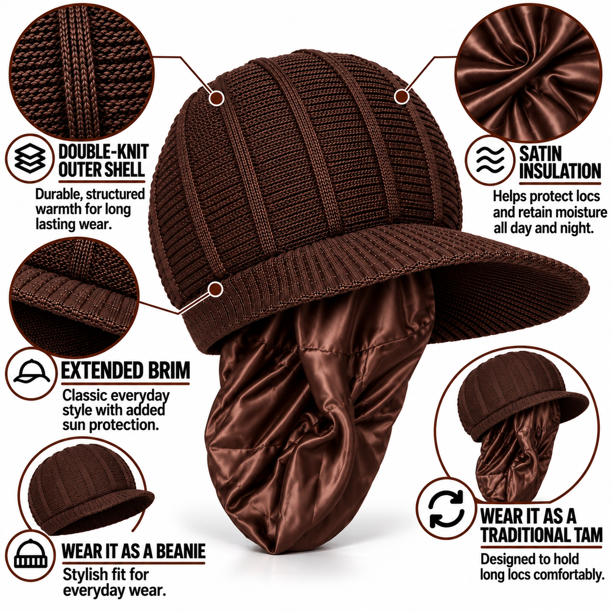 Brown Satin Insulated Beanie