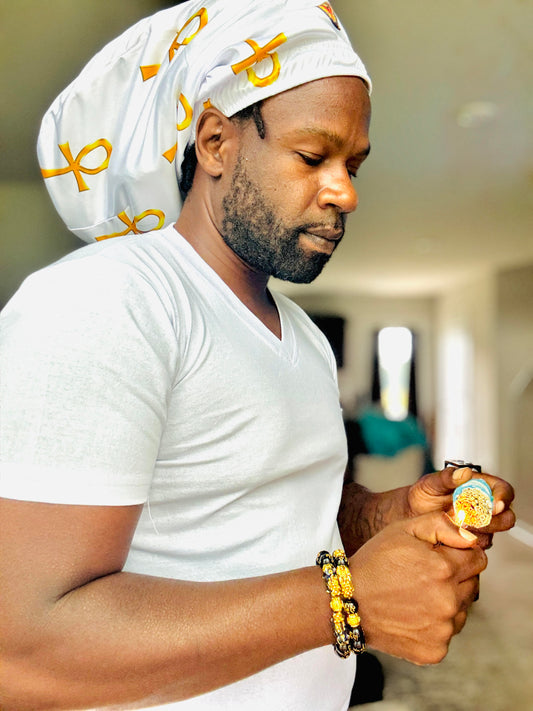White & Gold Ankh Loc Cap